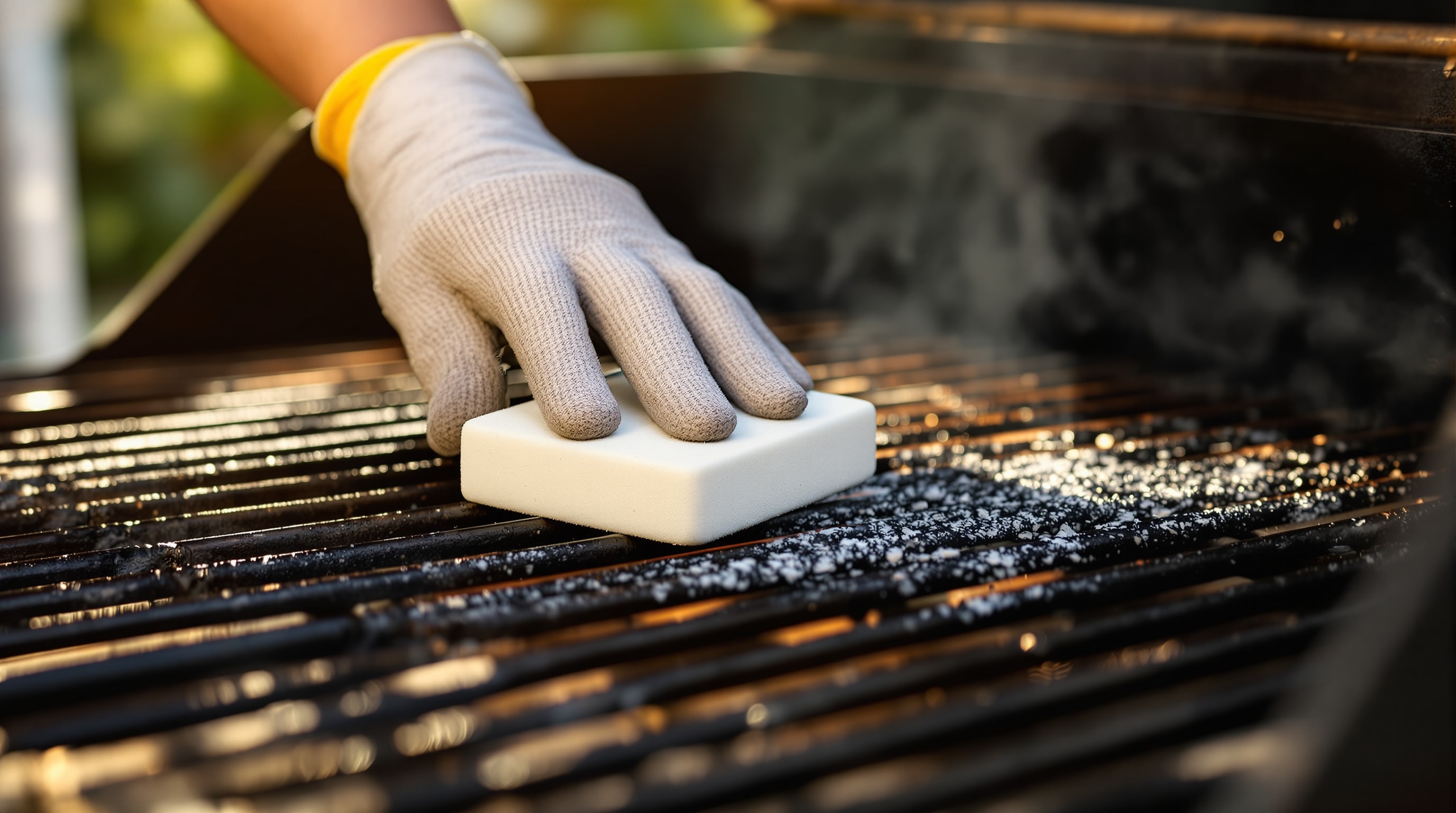 Gloved hand scrubbing cast iron grill grates with a white foamed-glass cleaning block