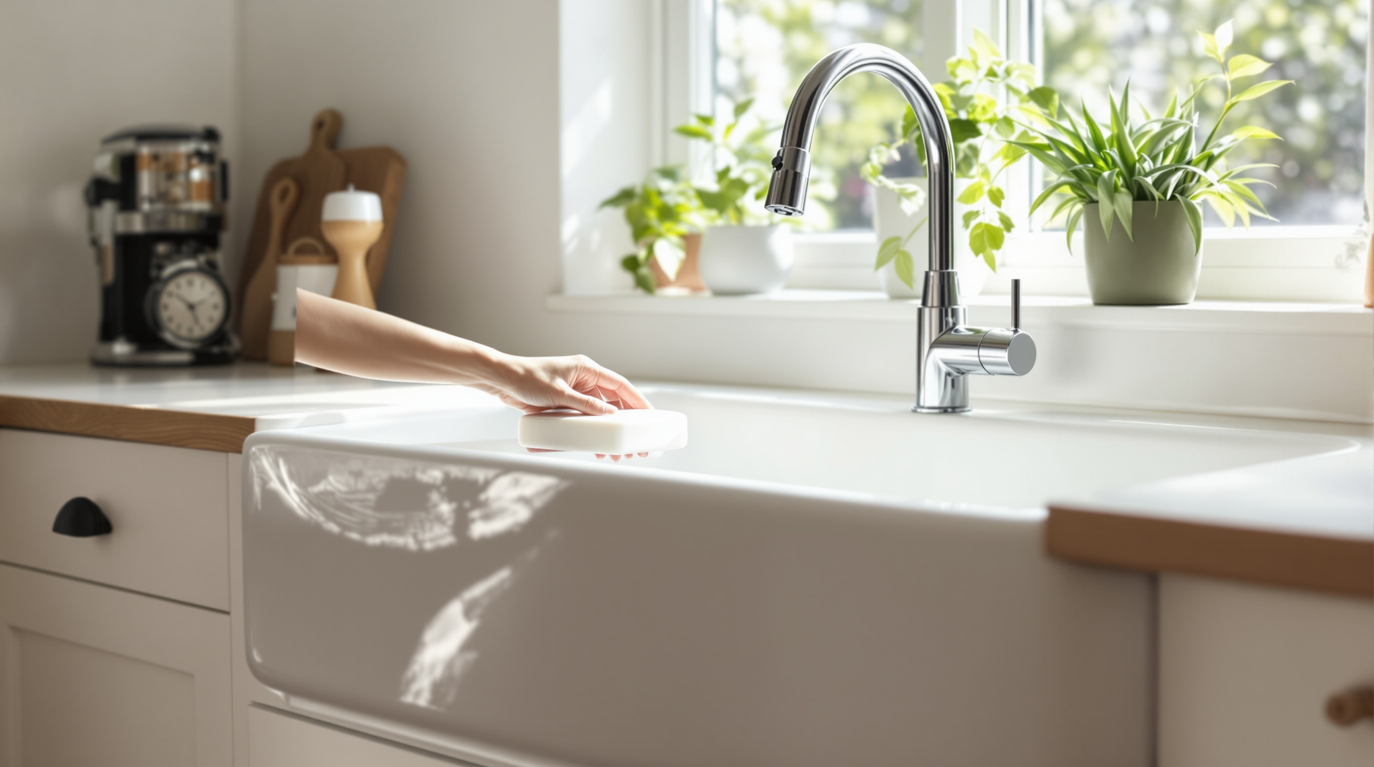 White farmhouse kitchen sink being scrubbed bright with a small cleaning block