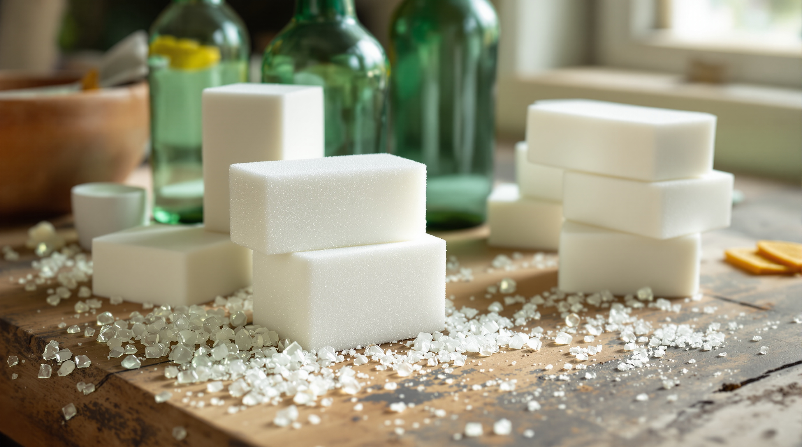 White foamed-glass cleaning blocks beside recycled green glass bottles on a wooden workbench